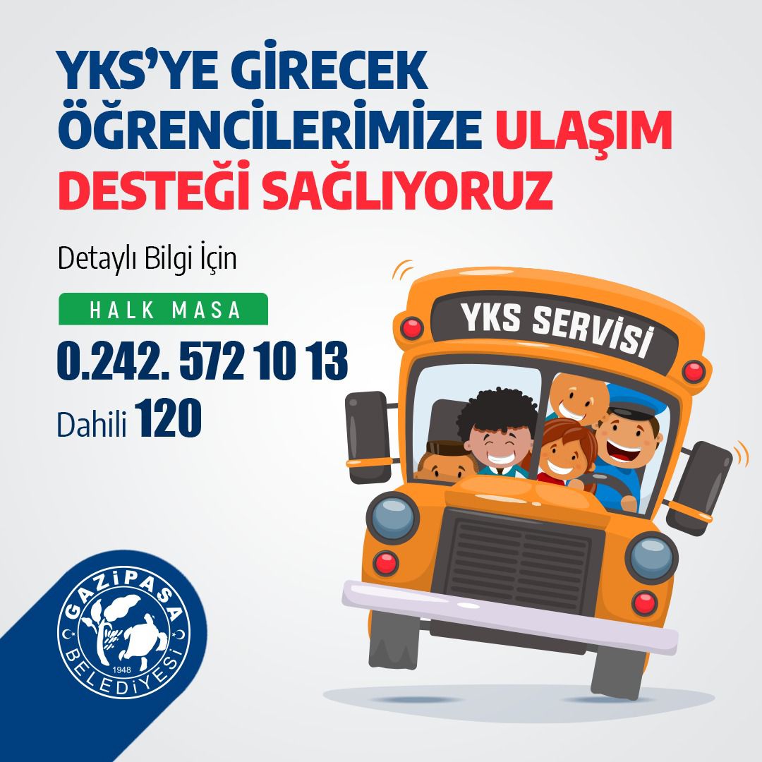 GAZİPAŞA BELEDİYESİ’NDEN YKS ÖĞRENCİLERİNE ÜCRETSİZ ULAŞIM DESTEĞİ